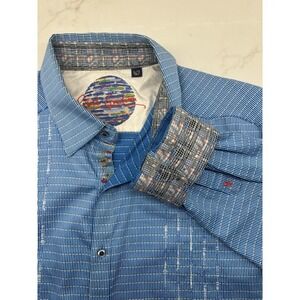 Robert Graham Patterned Striped Flip Cuff Button Up Front Shirt Blue‎ Mens XL